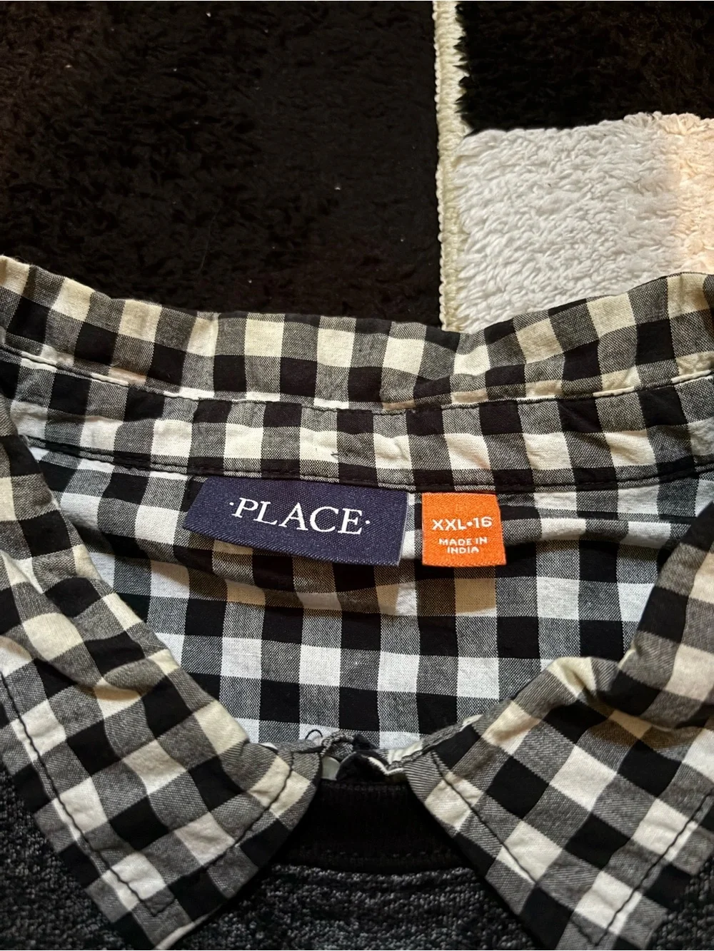 Charcoal Gray Crewneck Sweater with Mock Plaid Collar